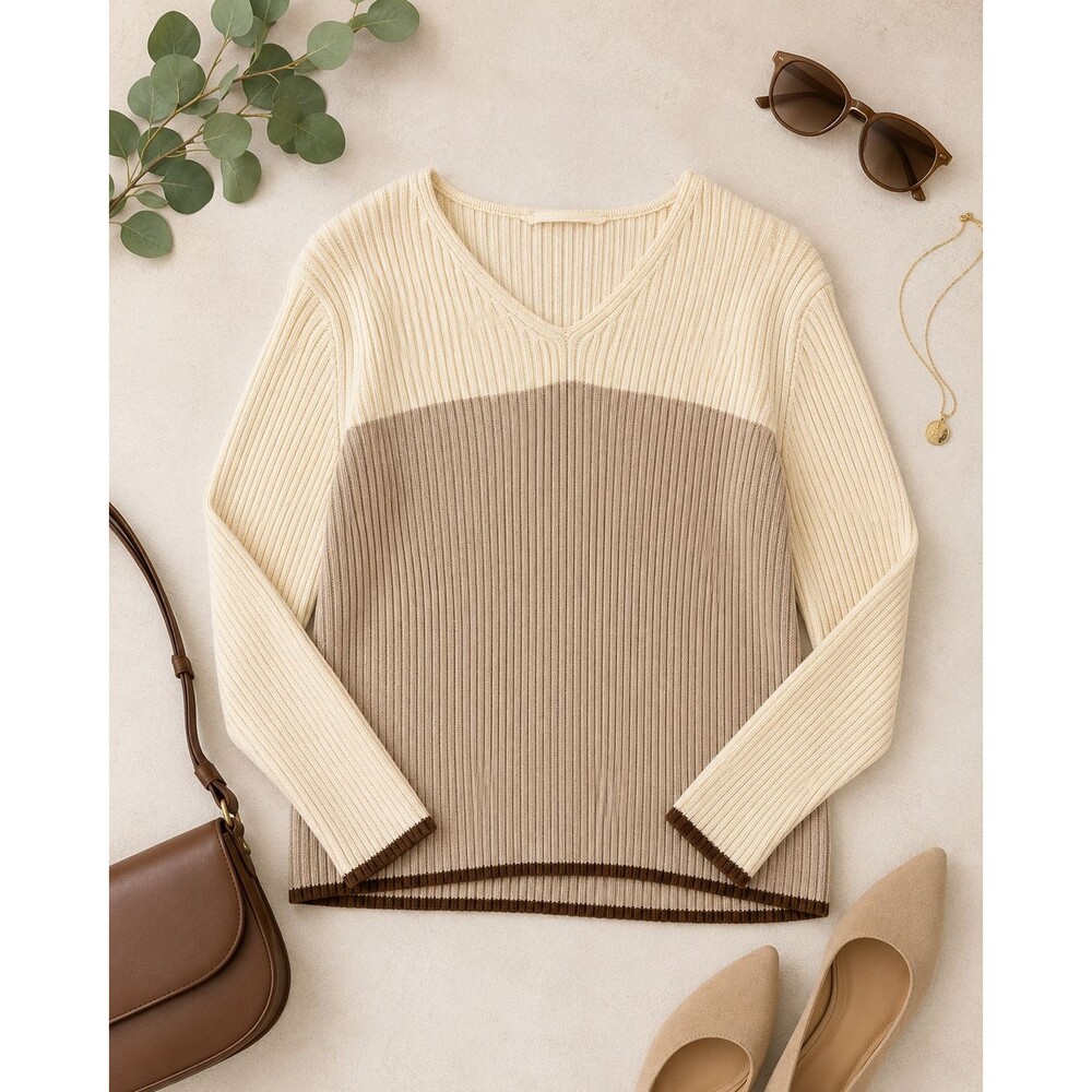 Women’s Colorblock Ribbed V Neck Sweater Cream Tan Brown Pullover Sz Unknown